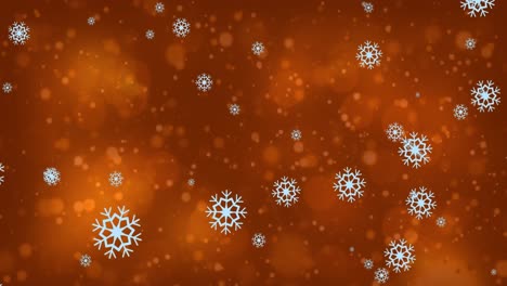 Animation-of-digital-snowflakes-diagonally-falling-over-brown-bokeh-background