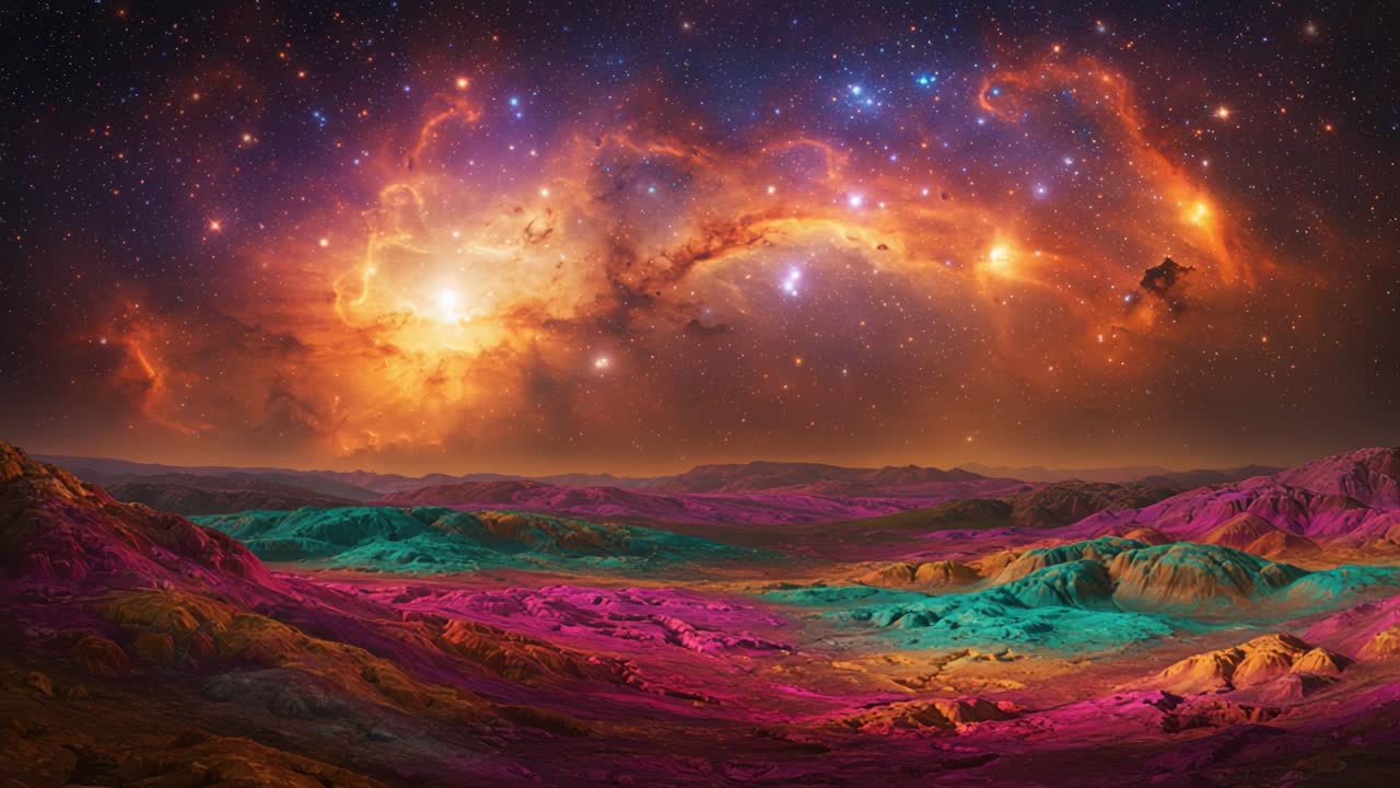 A Stunning Cosmic Landscape: A Vibrant and Ethereal View of the Universe with Colorful Nebulae, Stars, and Alien Terrain Awash in Unimaginable Hues