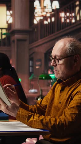 vertical video senior male student reading a book in a study area at a public library