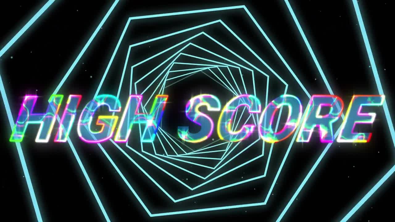 texto de puntaje alto con efecto relámpago contra un túnel brillante sobre fondo negro