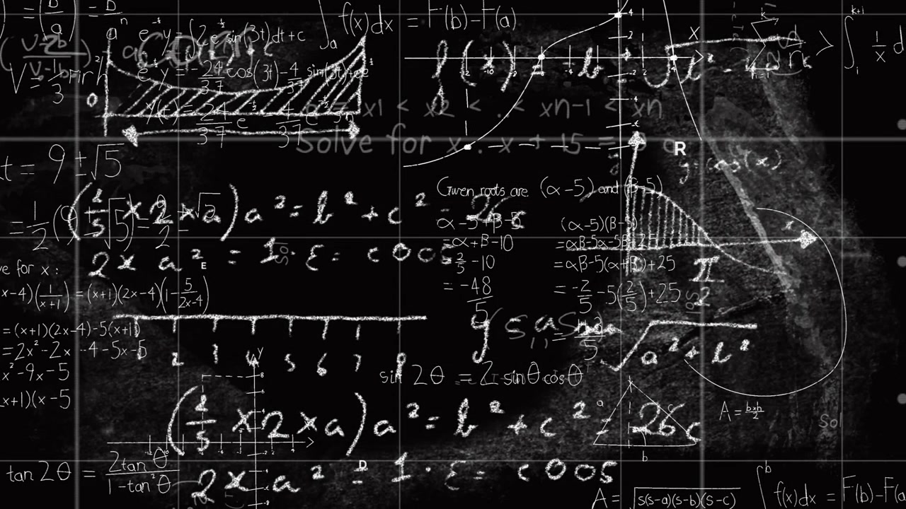 dark chalkboard showing white chalk formulas creating graphs shapes curves in animated illustration