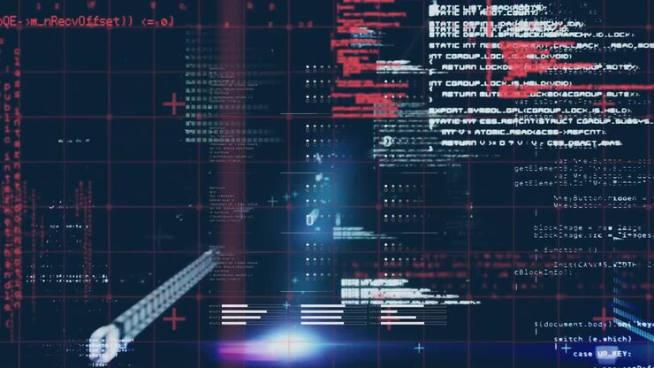 Digital animation of data processing over grid network against blue background