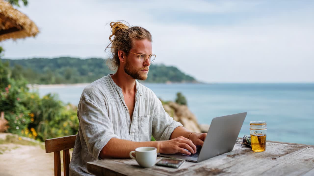Persona concentrada trabajando en un portátil en la playa: una escena serena de productividad en medio de la belleza y la calma de la naturaleza con refrescos sobre la mesa