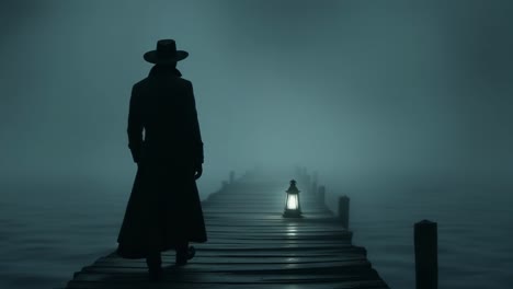 mysterious figure in long coat walks along foggy pier illuminated by lantern light