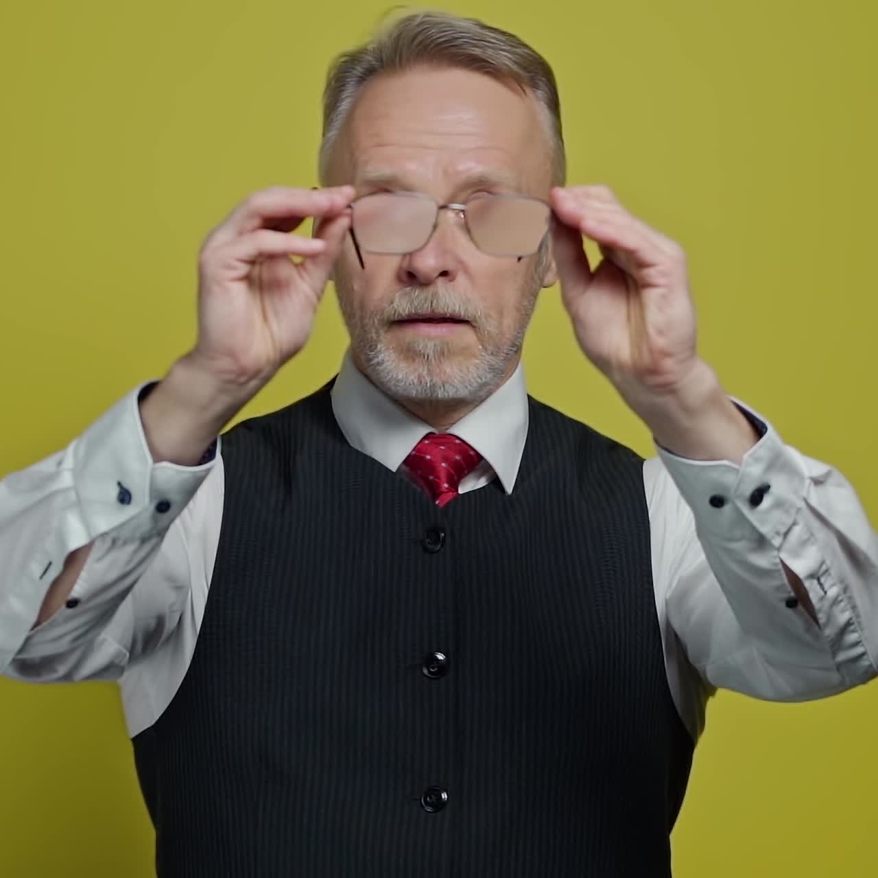 Senior man holding glasses in hands. Smiling old man in shirt is looking at his glasses on the yellow background. Slow motion.