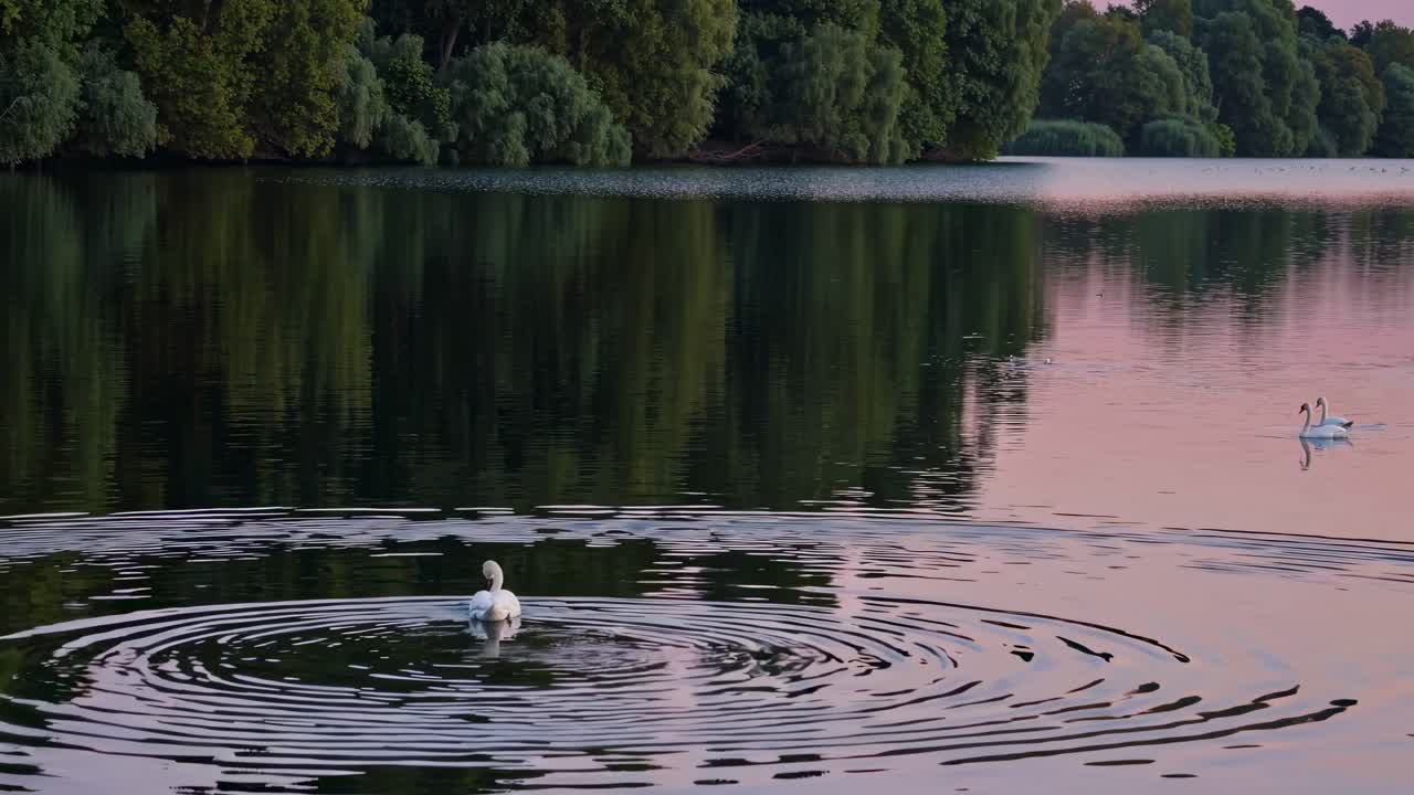 Tranquil video scene of swans on a serene lake at sunset, captured from a low angle