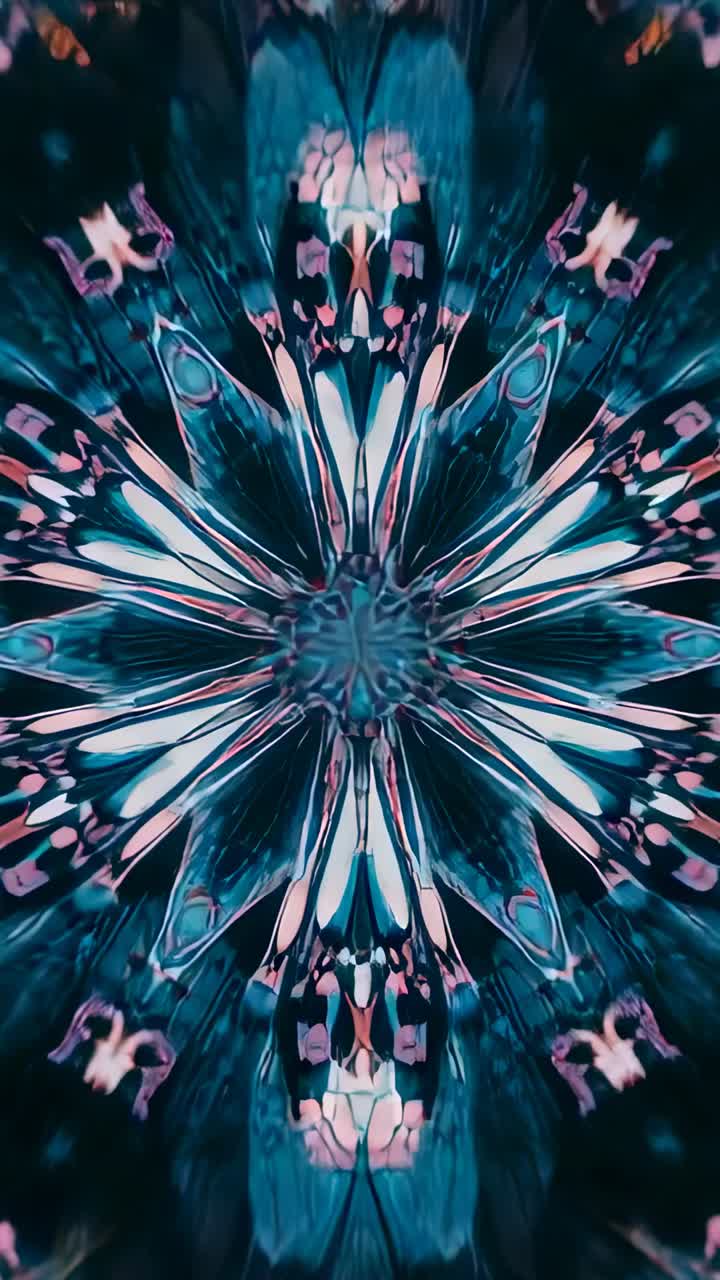 Vertical video: Playing kaleidoscopic pattern shifting into mandala, reverting on digital screen