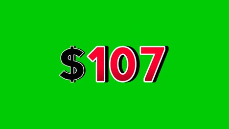 animation number $107 dollar sign motion graphics, red font with white and black outlines green screen background vibrant red numbers. video 3d effect with shadows for video elements business concept