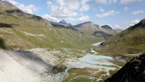 aerial view of a high mountain lake in the valley of zinal, switzerland