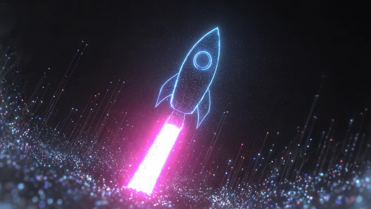 Stylized digital rocket launching into outer space, representing a startup, innovation, and technological advancement with glowing particles and a futuristic design on a dark background