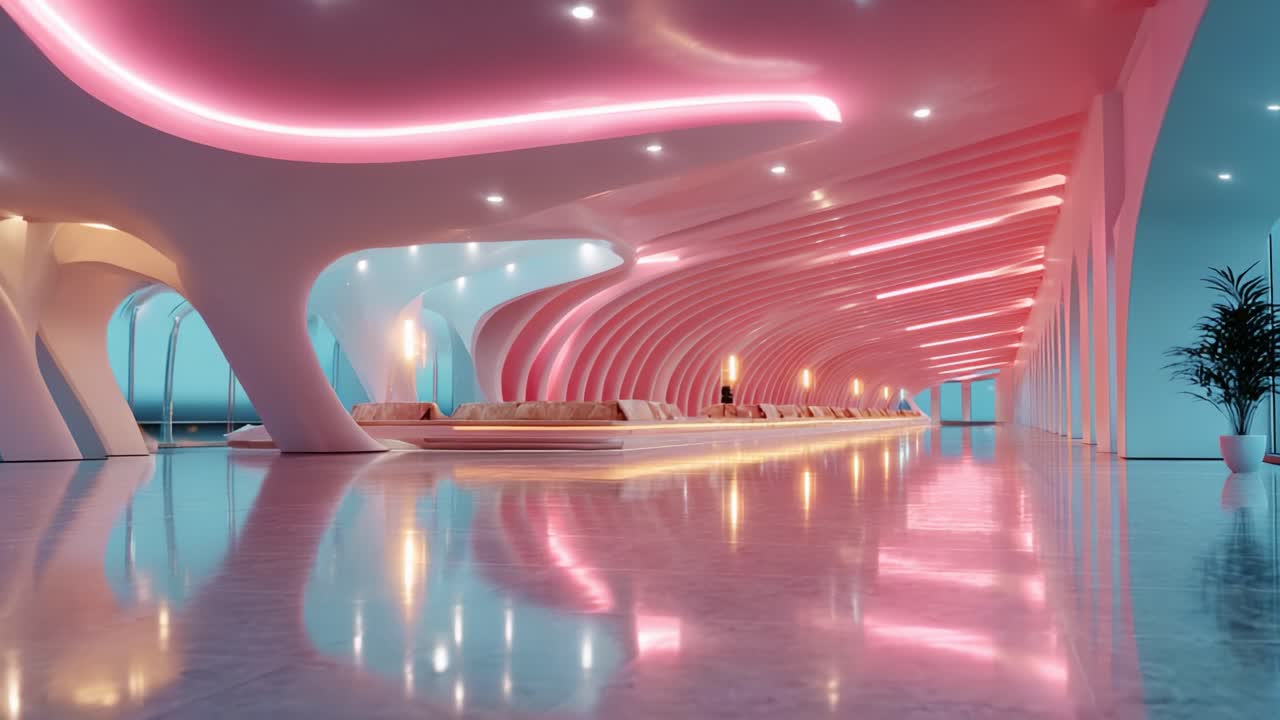 Sleek and Modern Interior Design Showcasing Fluid Architectural Lines with Soft Pink and Blue Lighting in a Spacious, Polished Environment Highlighted by Reflective Surfaces and Elegant Furniture Arrangements