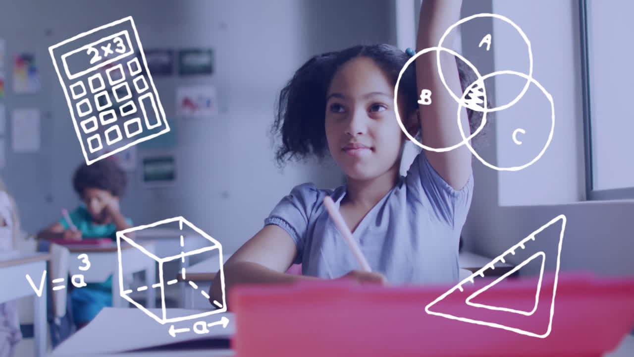 In school, child raising hand with math symbols animation in classroom