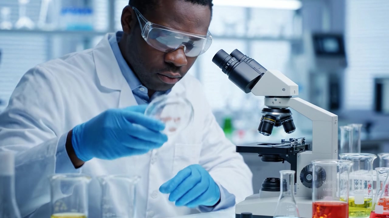 Focused Scientist Analyzing Samples Through Microscope in Modern Laboratory, Conducting Research with Precision and Expertise for Scientific Discoveries