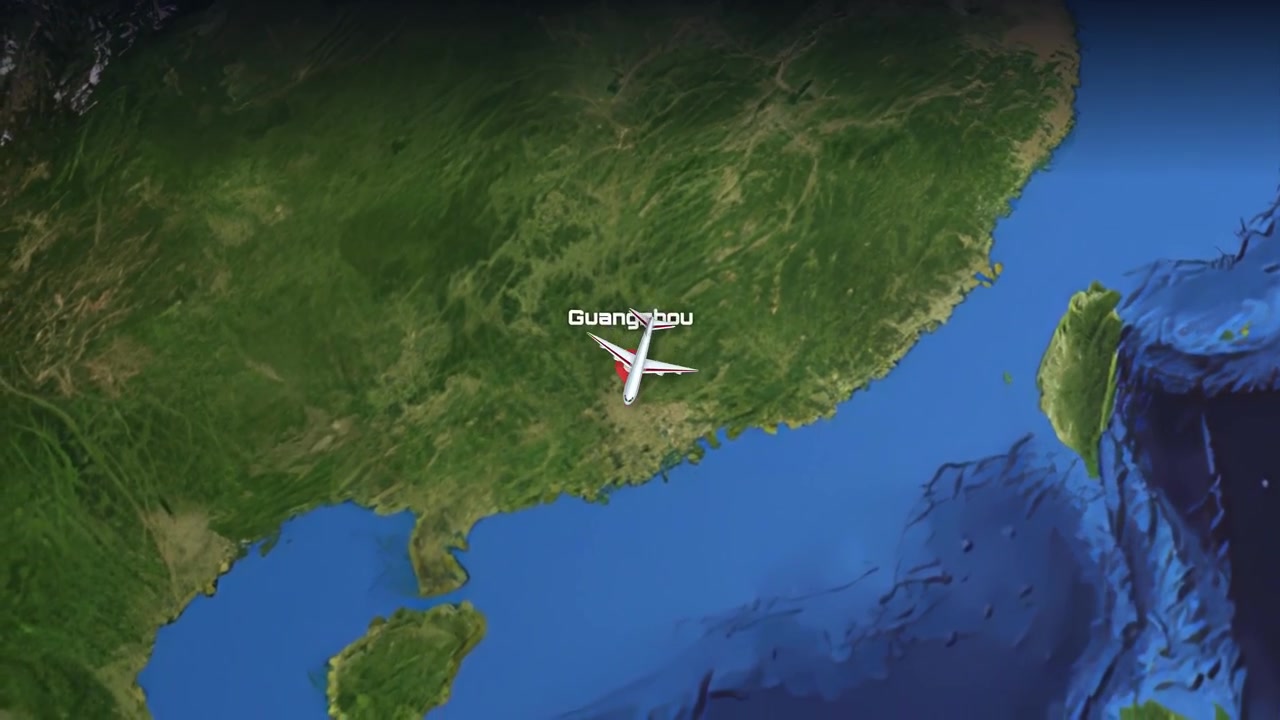 マイアミから中国広州へ、3Dデジタル地球儀を横切って飛ぶ旅客機。