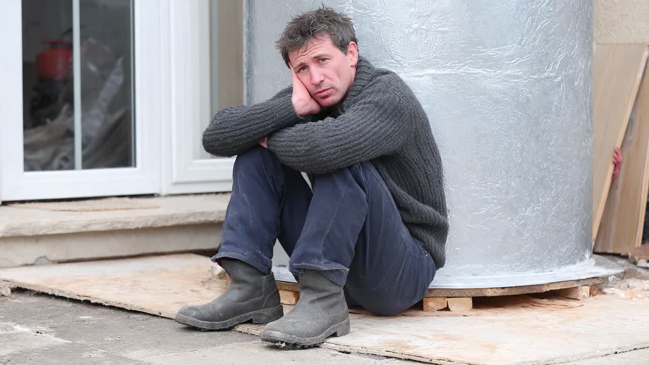 A Pensive Worker Seated on the Ground, Contemplating Challenges Amidst Construction, Highlighting the Struggles and Emotions of Labor and Hardships of Daily Life
