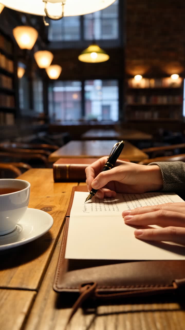 Person writing with a fountain pen in a cozy library or cafe