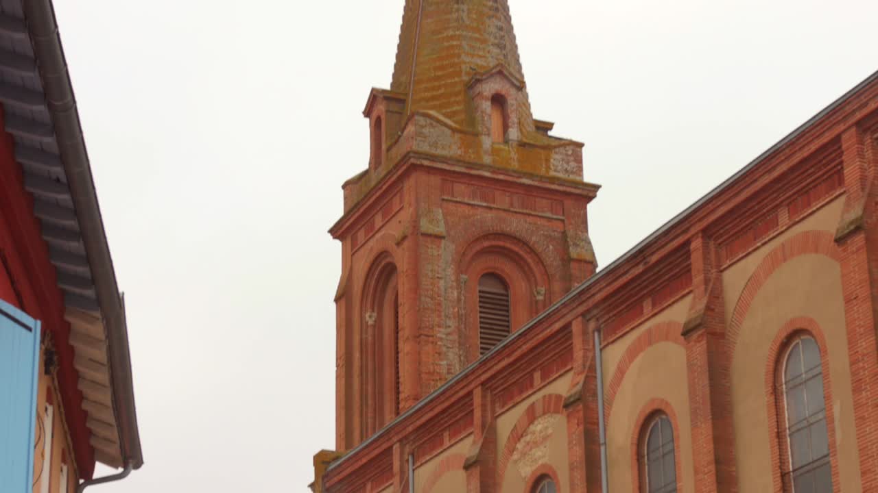 Exterior view of an old brick church
