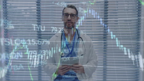 analyzing financial data charts, doctor in medical office focusing on work