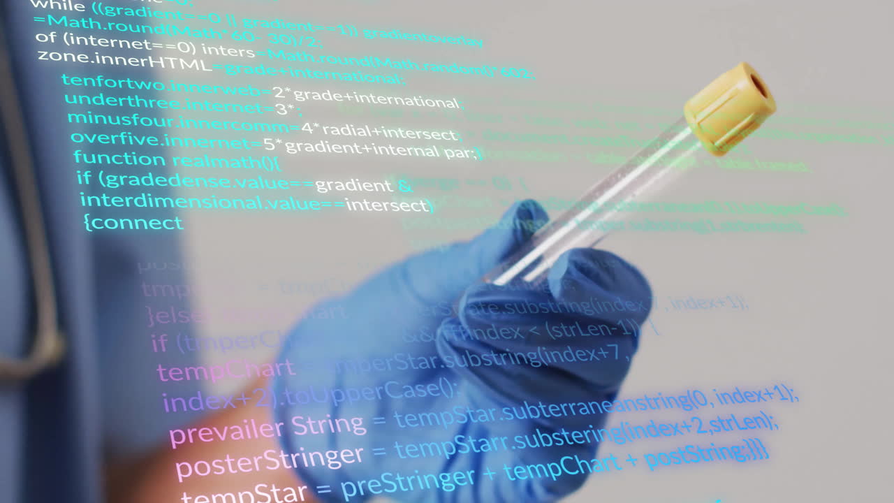 Animation of data processing over caucasian doctor holding test tube