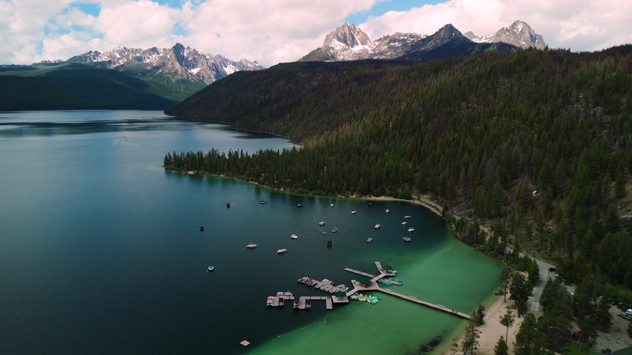 Flying above Redfish lake with the sawtooths in the background