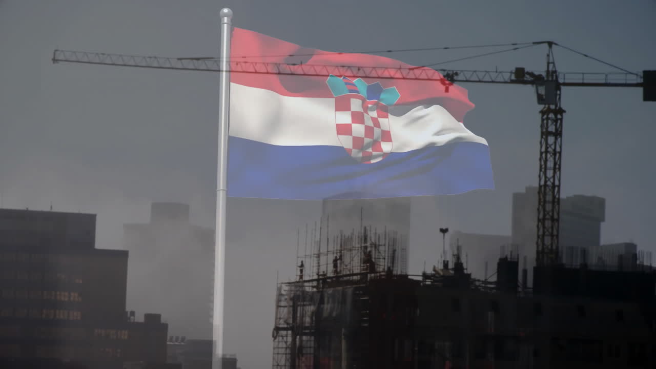 Croatian flag waving on pole, tower crane spanning frame, scaffolding rising in flat design