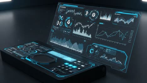 futuristic control panel with dynamic data visualizations and interactive graphs for advanced analytics representation