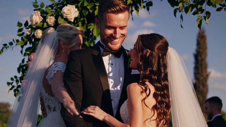 A romantic outdoor wedding scene with a couple under a floral arch