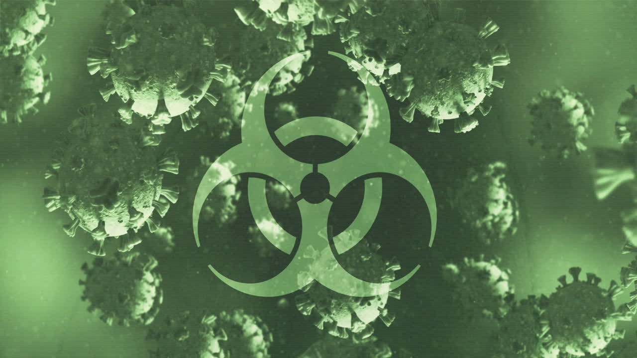 animación de las células de covid-19 sobre el símbolo de riesgo biológico