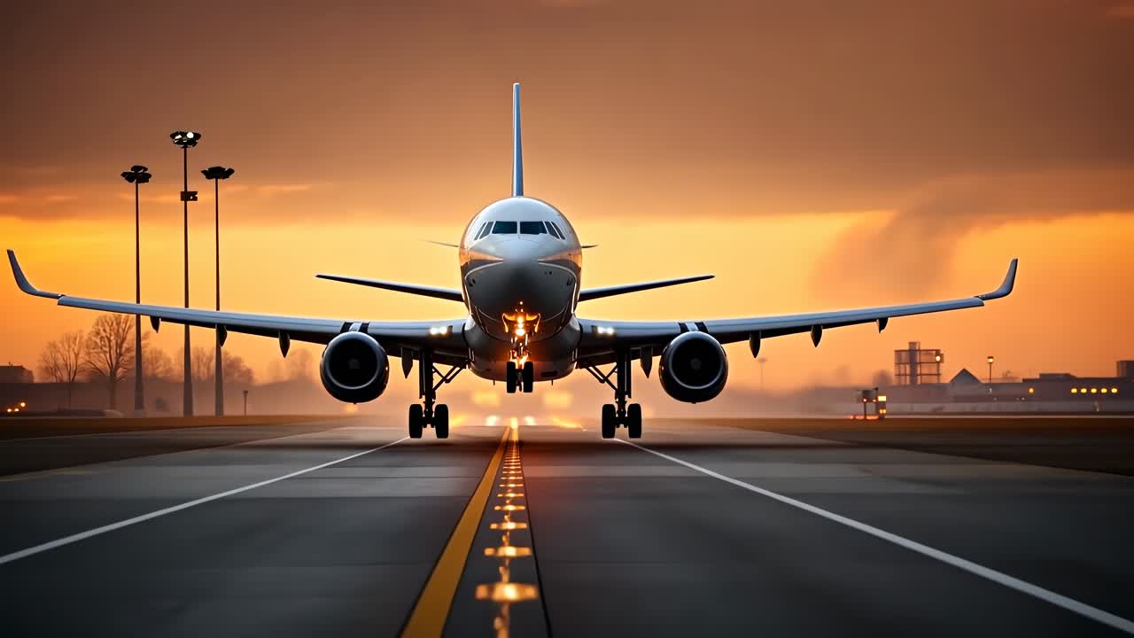 Dramatic video concept of an airplane on a runway at sunset