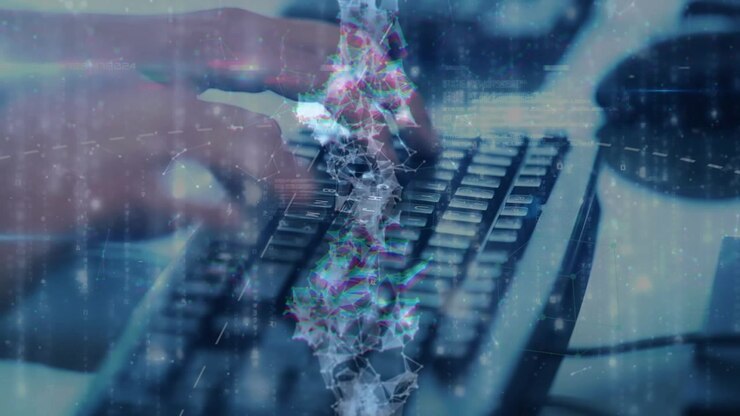 Animation of dna strand and data processing over hands typing on keyboard