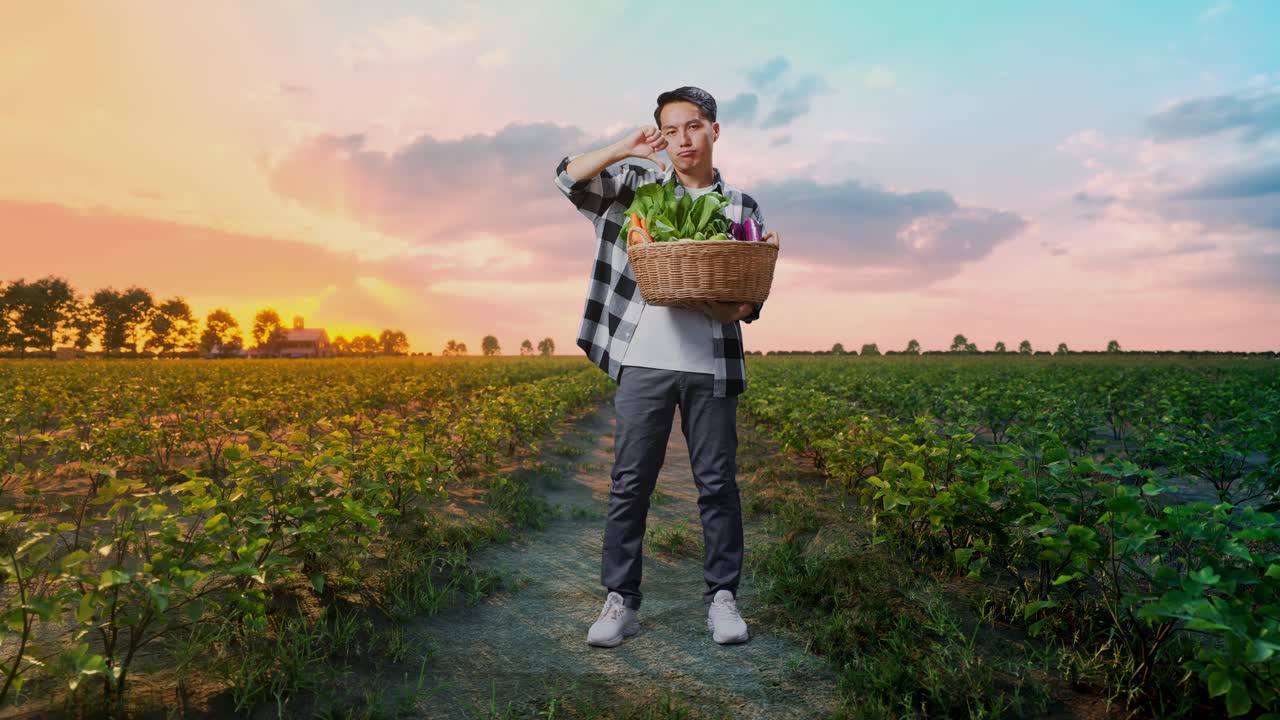 야채 바구니 를 들고 있는 아시아 남성 농부 의 몸 을 가득 채우고,  에 서 있는 동안 엄지손가락 을 내려 놓은 몸짓 을 보여 준다