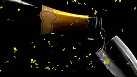 animation of golden confetti over champagne pouring into glass on black background
