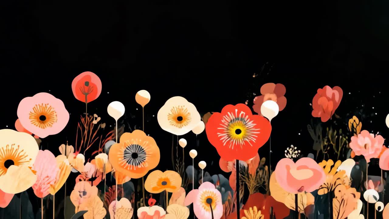 Design floreale astratto e vibrante con colori audaci su sfondo nero, catturato da un'angolazione bassa