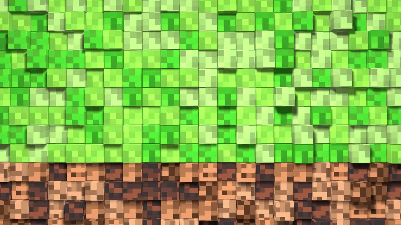 cubos abstractos en 3d. patrón de ondas de mosaico geométrico. construcción de paisajes de colinas usando bloques de hierba marrón y verde. estilo minecraft. bucle de animación en 3d de 4k