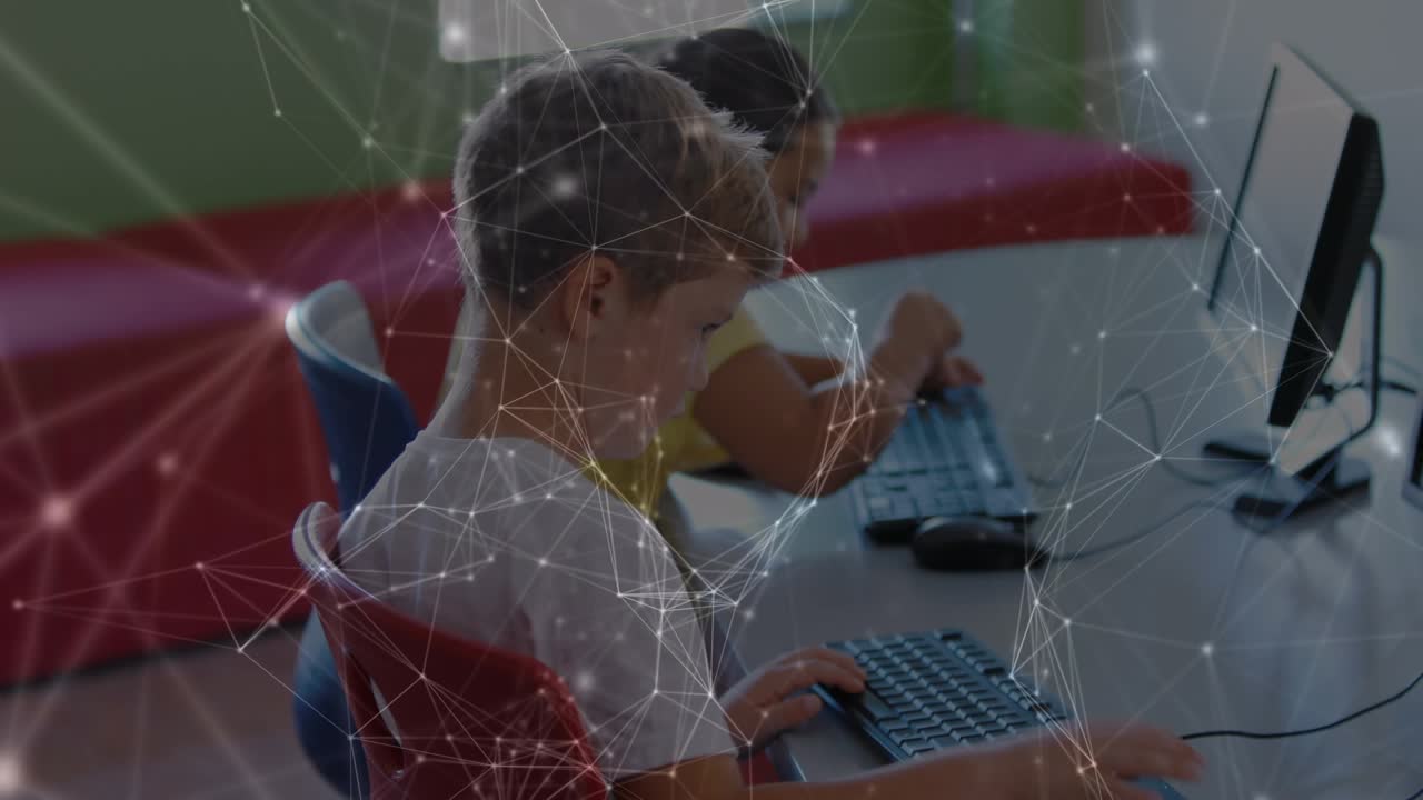 Network of connections against caucasian boy using computer at school
