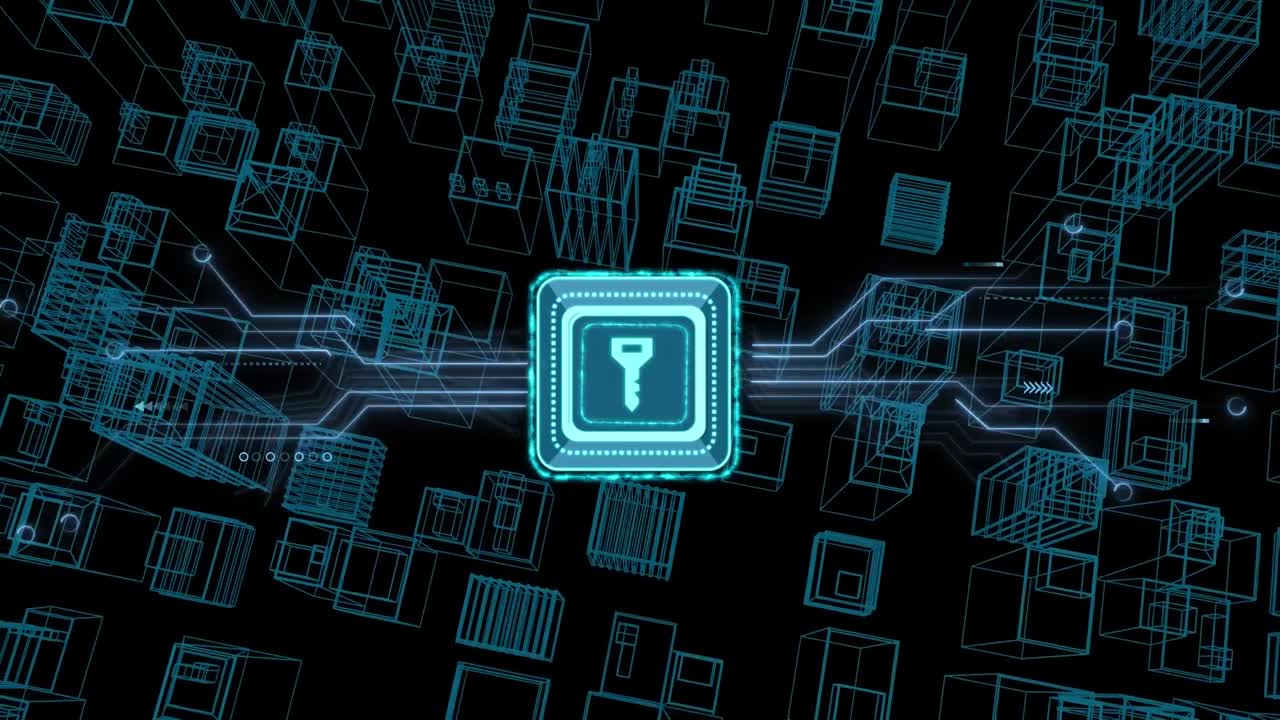 Animation of data processing with online security key over 3d city, computer circuit board