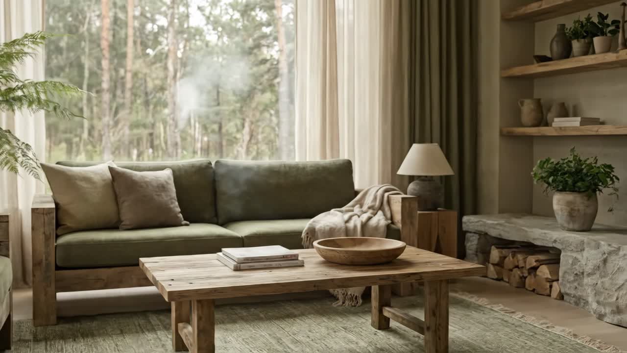 Cozy Living Room with Forest View and Natural Decor