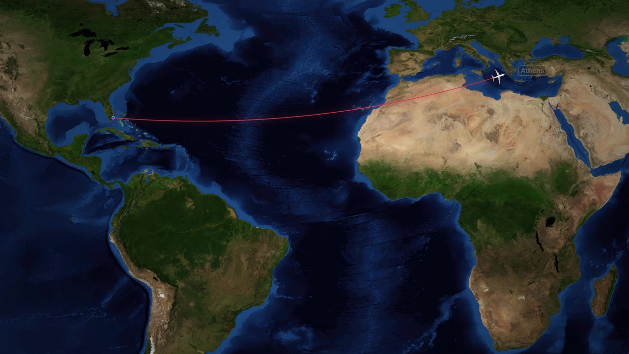 Satellite world map animation tracks a red flight path from Miami to Athens Greece