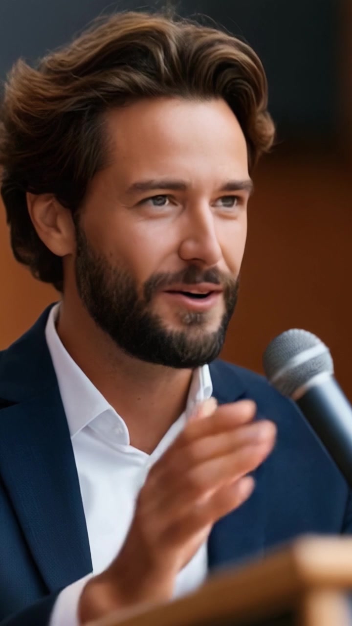 Un oratore carismatico che coinvolge un pubblico con un sorriso caloroso e una presenza sicura in un contesto professionale, pronunciando osservazioni ispiratrici.