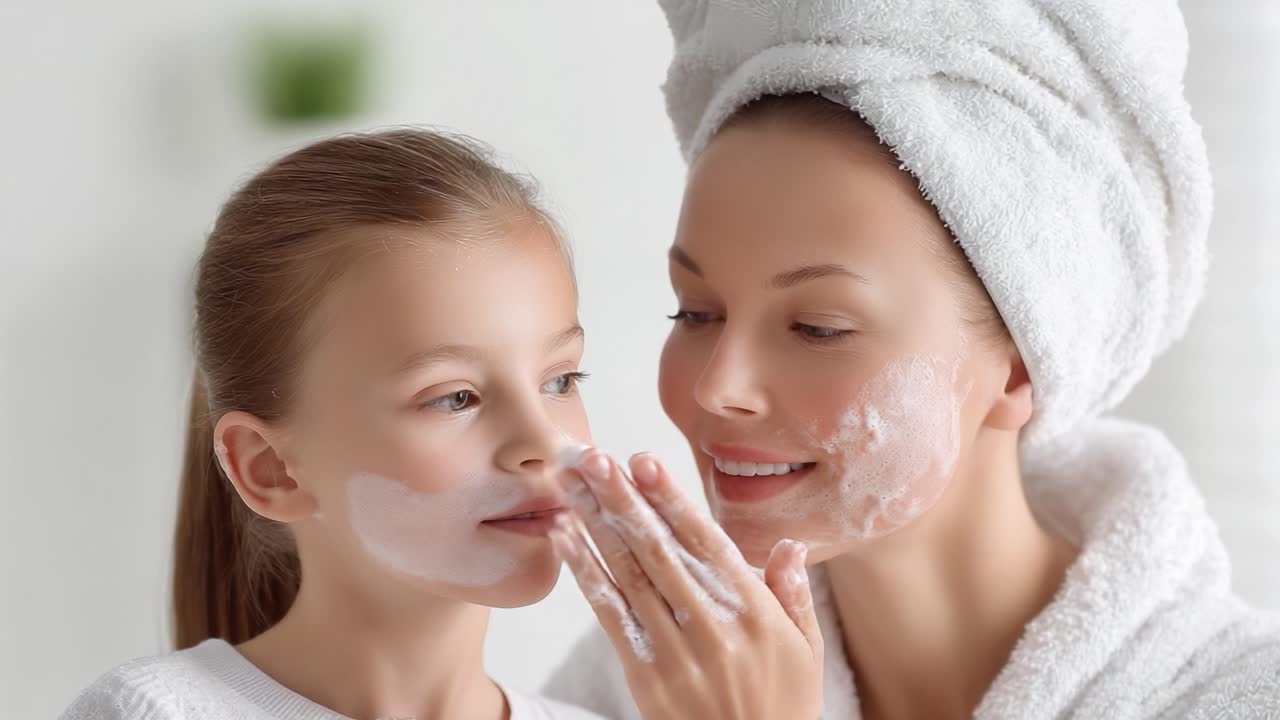 A Heartwarming Moment Between Mother and Daughter: Enjoying a Fun Skincare Routine Together at Home, Emphasizing Bonding through Self-Care and Beauty Rituals
