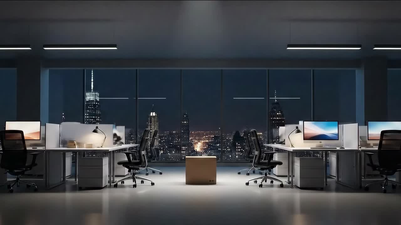 Office Transformation with a Central Box and City Skyline at Night