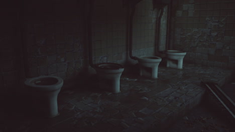 dilapidated restroom with multiple toilets in an abandoned building