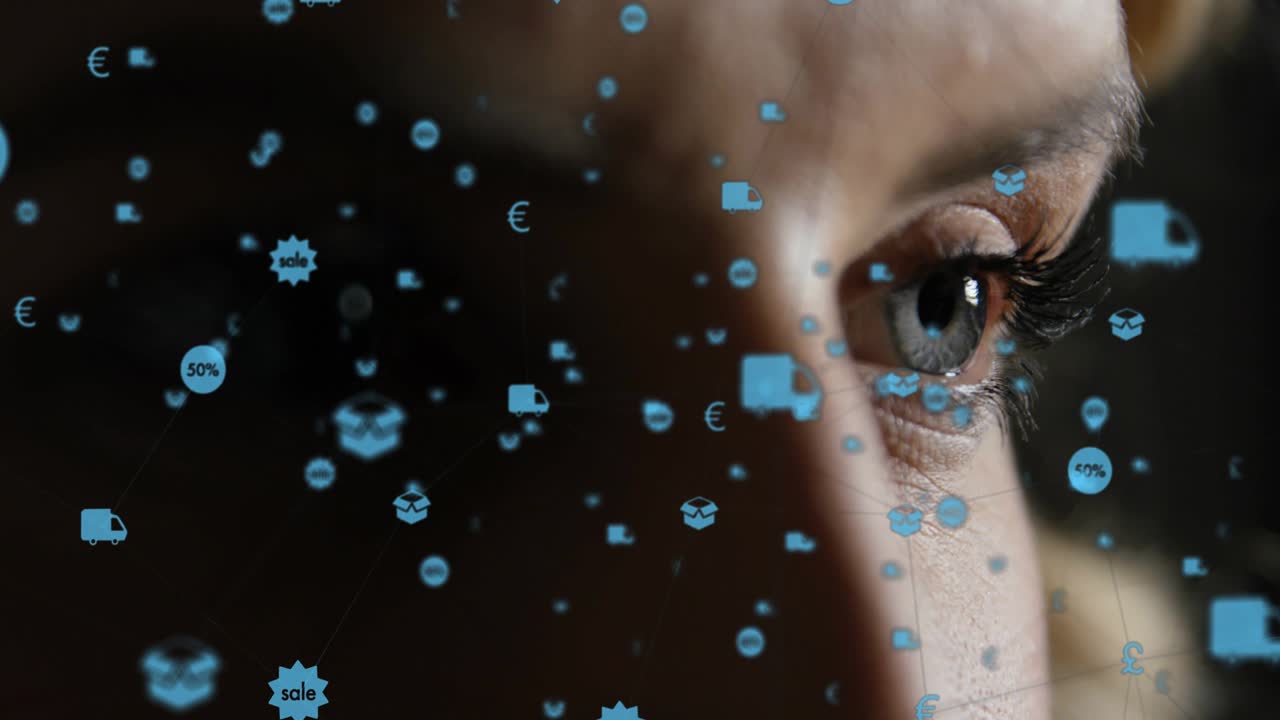 Female eye blinking and causing translucent blue retail icons shifting illustrating ecommerce data