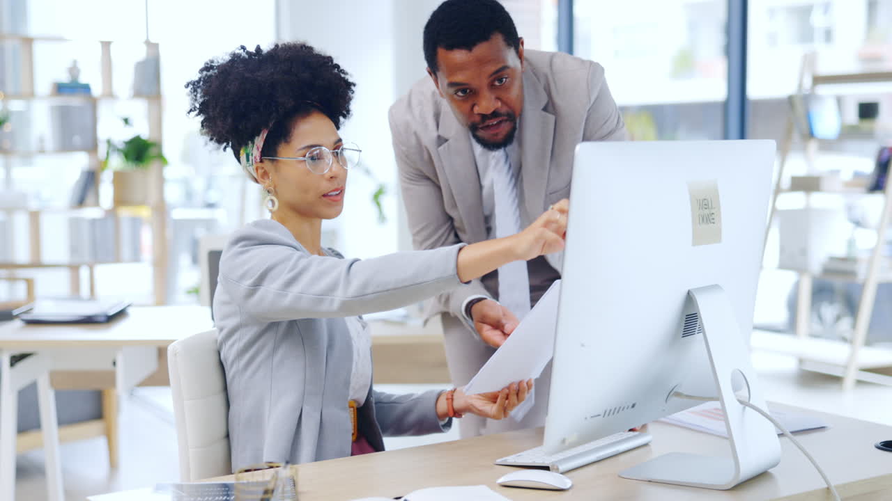 Teamwork, review and computer with business people