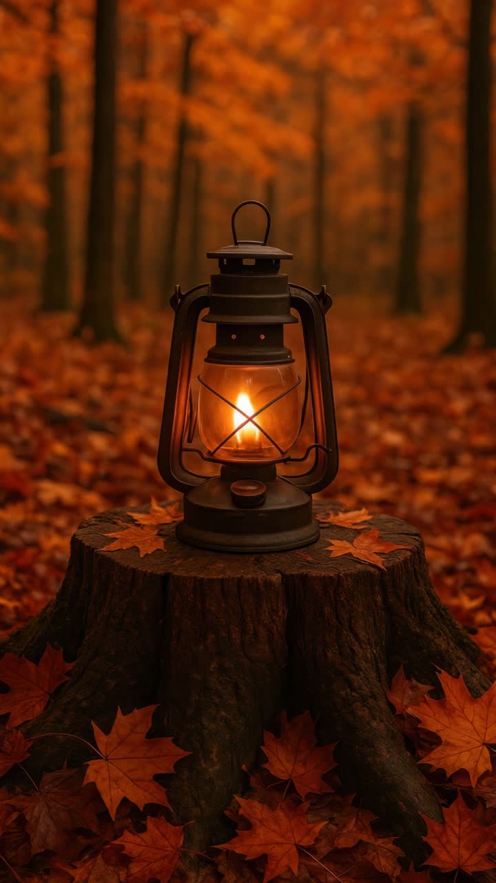 A vintage lantern on a tree stump in an autumn forest, surrounded by leaves