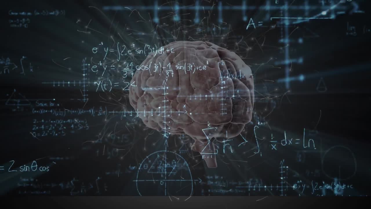 Animation of human brain spinning over mathematical equations on black board