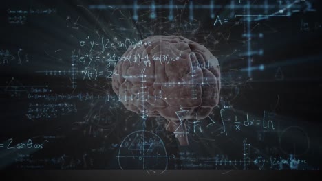 animation of human brain spinning over mathematical equations on black board