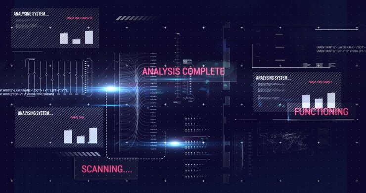 Animation of numbers changing and data processing over glowing light over grid on purple background