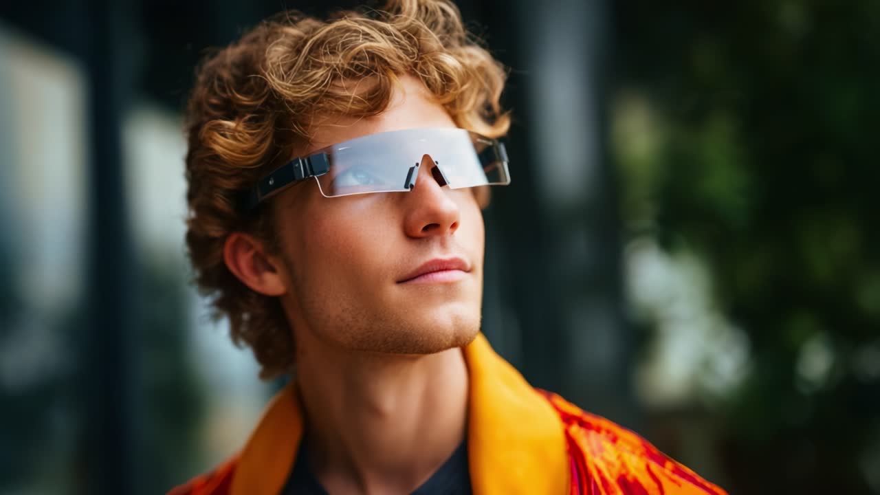 A Stylish Young Man Wearing Futuristic Glasses, Exuding Confidence and Individuality, Captured in Two Frames of a Dynamic Urban Environment