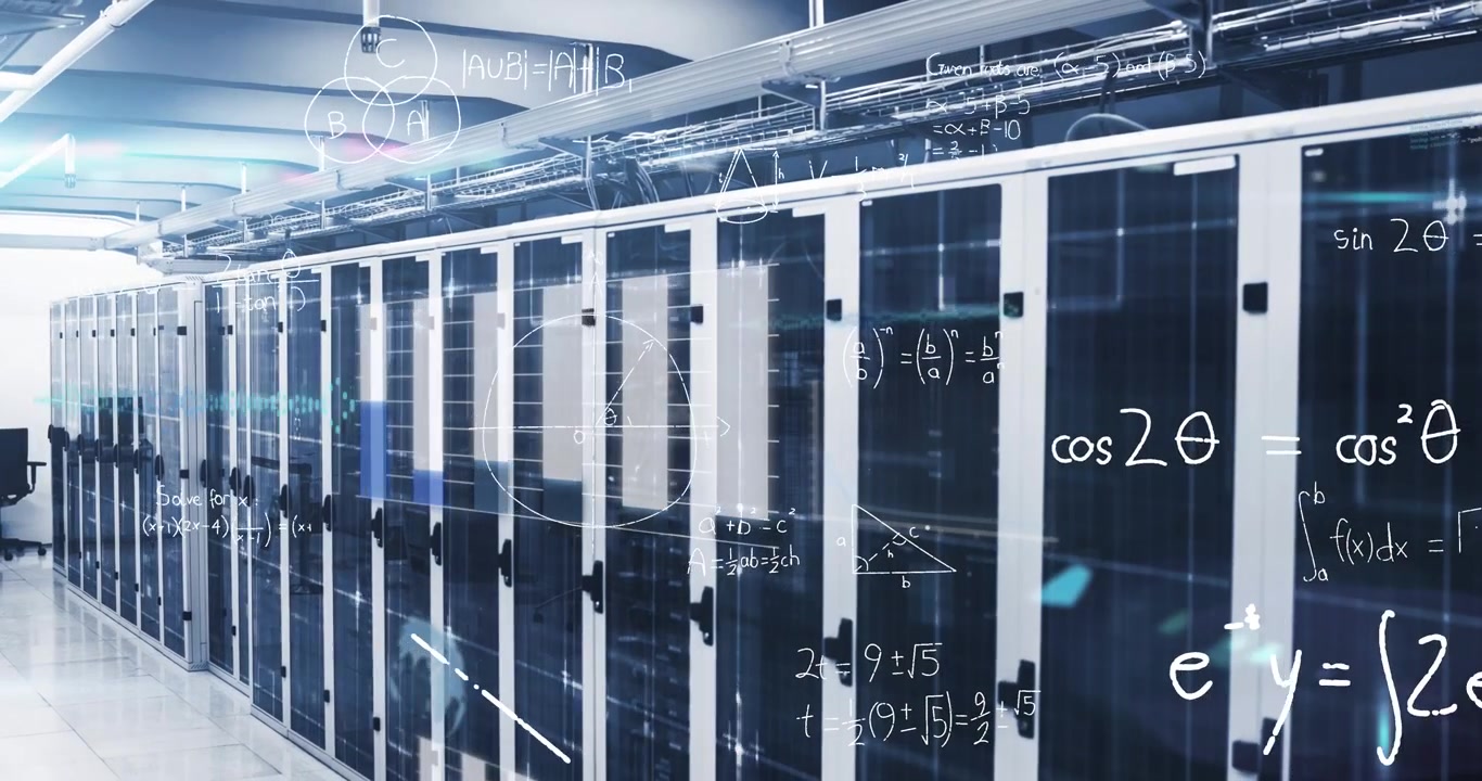 Animation of infographic interface, mathematical equations and lens flare over server room